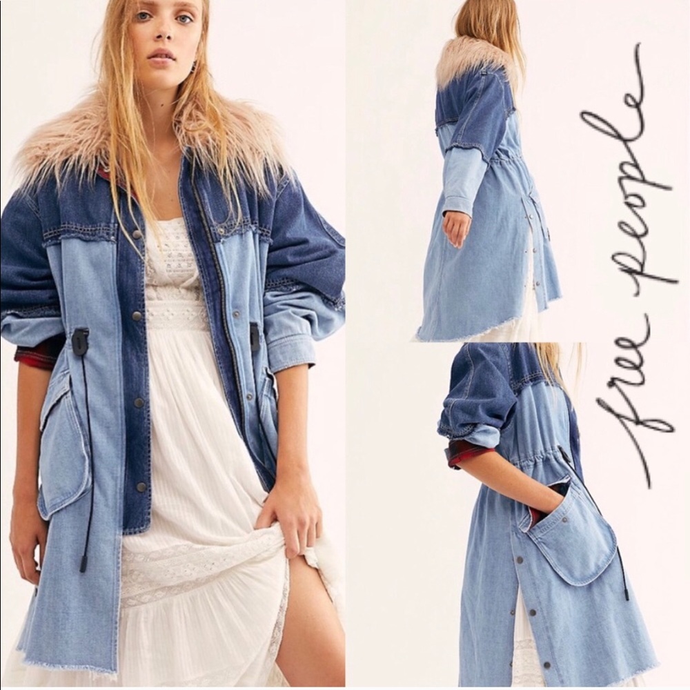 Free People Two-Tone Blue Denim Trench Coat with Faux Fur Collar